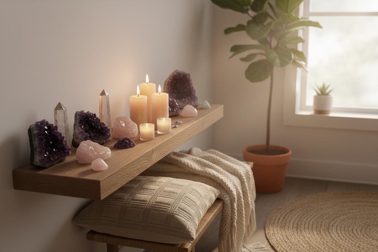 crystals and candles in a serene home setting 